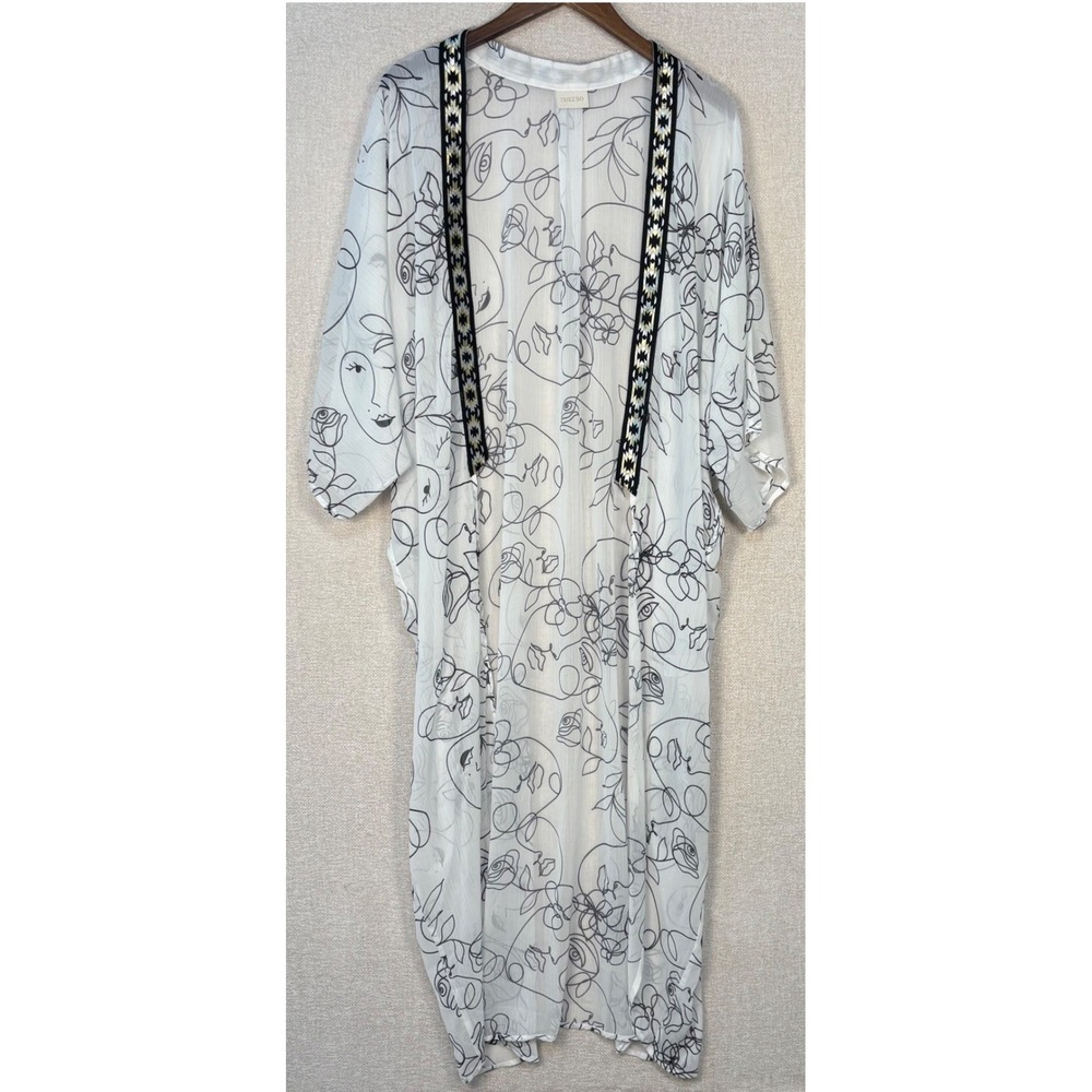 Suki So Women White Black Line Art Face Floral Print Long Kimono Duster Cardigan